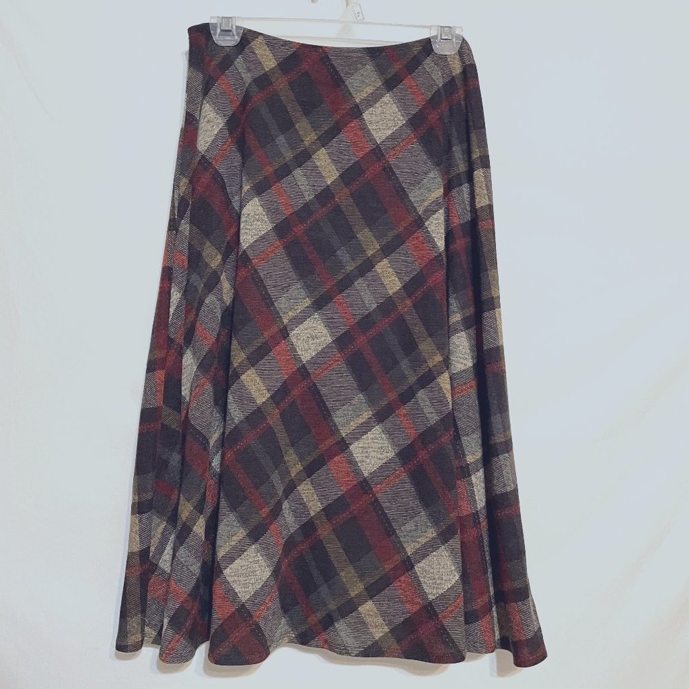 No Label Brown Orange Plaid Stretch Knit Skirt Fall Winter Office Librarian 14 P